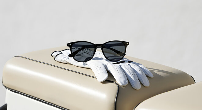 Stylish black sunglasses resting on a pair of white golf gloves atop a beige golf cart seat, showcasing luxury accessories for a day on the golf course