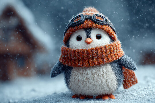 A whimsical, orange-scarfed penguin with goggles stands in a snowy landscape at night The surroundings suggest a cold, textured backdrop with a faint horizon glow, contributing to the - AI-Generated - Powered by Adobe