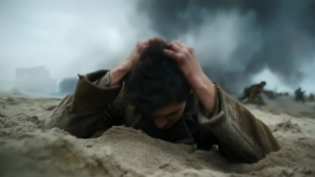 Young soldier collapsed on the beach amid explosions clutching his head in terror while chaos unfolds behind him.