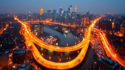 Cityscape Urban sprawl with blurred lights on highways and river at dusk