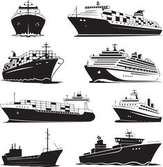 Obraz premium Sailing Ship on Ocean Waves SilhouetteVintage Pirate Ship Vector DesignModern Cargo Ship Silhouette ArtNavy Warship at Sea Silhouette SceneCruise Ship Under Sunset Vector