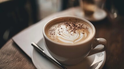 A cup of coffee on a desk with a notepad and pen