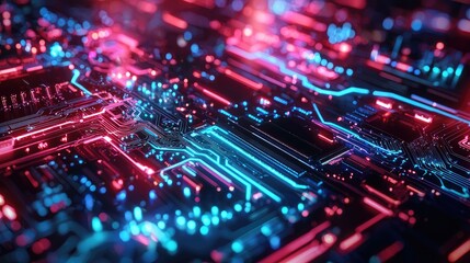 Obraz premium Detailed close-up view of illuminated circuit board design.