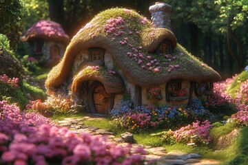 Charming fairy tale cottage nestled in a flower-filled forest