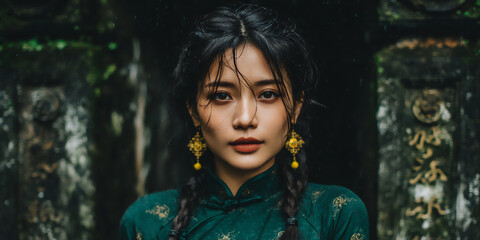 sophisticated image of a woman in traditional dress posing in front of an ancient chinese temple wit