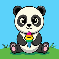 Obraz premium Cute Cartoon Panda Eating Rainbow Ice Cream – Kawaii Animal Character for Kids and Summer Designs