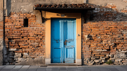 Weathered door framed by brick facade