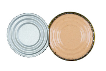 Open canned food with pate isolated on a white background top view