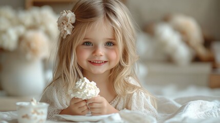 Young Girl Holding Dessert with Cream