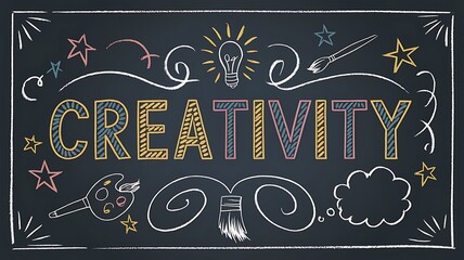 Creativity text with lightbulb, stars, paintbrushes and swirls on a chalkboard background design element
