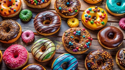 Aerial View of Delicious Chocolate Filled Donuts Arranged Artistically