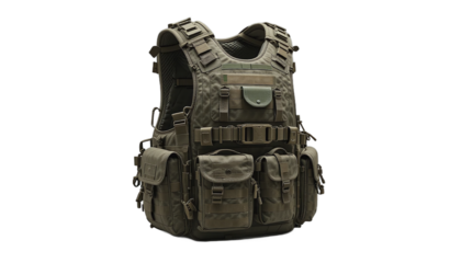 Olive Green Tactical Vest with Pouches on White Background, Ready for Action