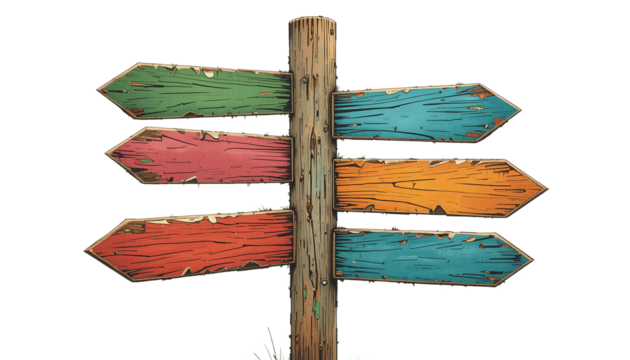 Colorful Wooden Signpost with Multiple Arrows Pointing Different Directions