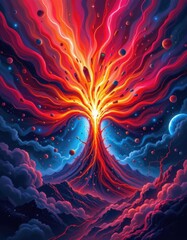 Obraz premium a vibrant digital painting of a cosmic explosion with swirling fiery reds and electric blues in a surreal space scene.