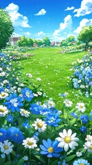 Meadow Vibrant wildflowers, sunny day, rolling green field. Houses softly dot the background