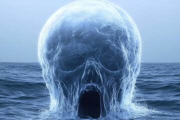 Watery skull emerges from the sea with a haunting, ghostly presence