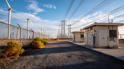 Obraz premium Transformer Substation Near Coast With Renewable Power Backdrop, Ideal For Energy Transition Visuals, Smart Grid Promotion, And Infrastructure Illustration