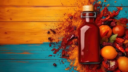 Red liquid in bottle with oranges, and dried chilies on wooden background. Vibrant colors