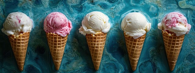 Five ice cream cones in a row, variety of flavors.