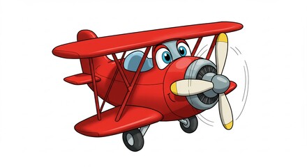 赤く可愛い飛行機が元気よく空を飛ぶ 鮮やかなイラスト. AI Generated