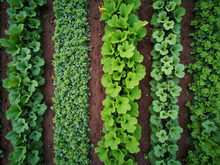 Top-down view of an organic farm with vegetable patches and water irrigation, Ai Generate.