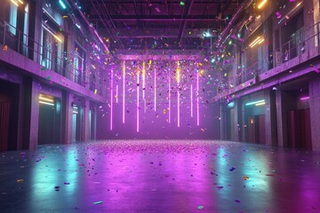 Vibrant confetti rain in neon-lit hall. Spacious venue shows bright colors. Party atmosphere fills air