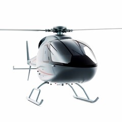 A sleek, silver helicopter with a black and red design on a white background
