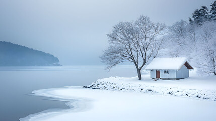 Snowy Winter Cabin by Frozen Lake, Serene Landscape