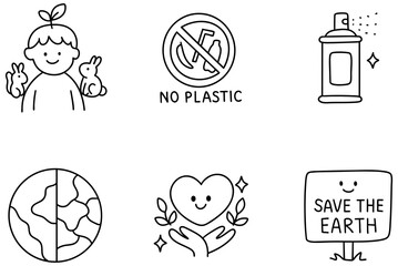 Promoting sustainable world, this illustration features child with rabbits, no plastic sign, spray can, Earth, heart with