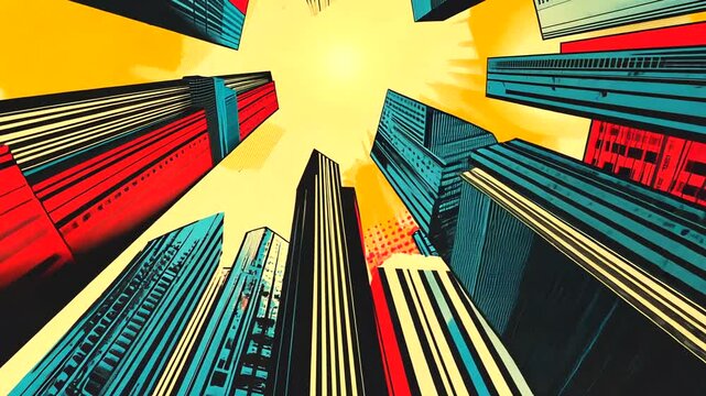 Urban cityscape graphic design with vibrant colors.