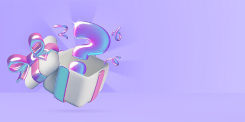 Open gift box with question mark. Purple mystery box background with iridescent foil ribbon. Surprise present concept vector design.