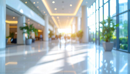 blurred image of Bright office or hotel lobby luxury with contemporary space and large glass windows. and blurred people