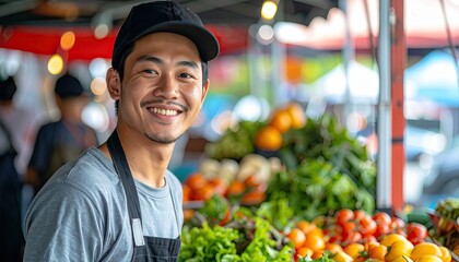 Smiling Young Vendor at Fresh Produce Market Stall with Colorful Fruits and Vegetables in Outdoor Setting during Daytime
