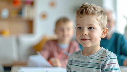 Focused Young Boy Smiling While Engaging in Classroom Activities with Friends and Adults in Bright and Inviting Learning Environment