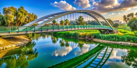 Obraz premium Aerial View Hadera Park Nahal Pedestrian Bridge, Israel River Landscape