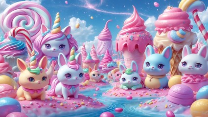 Enchanting candy landscape showcasing cute kawaii bunnies in pastel colors with swirling sweets and