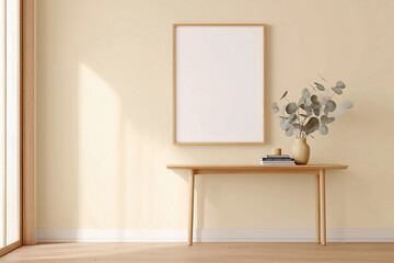 Blank frame wall art mockup for modern interior decor featuring a minimalist table, decor items, and natural light