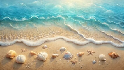 Serene Coastal Scene Gentle Waves Caressing a Sandy Shore Adorned with Seashells and Starfish