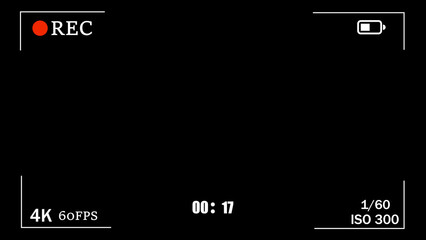 Recording screen display with 4k 60fps indicators including rec status, battery life icon, time, and camera settings on black background