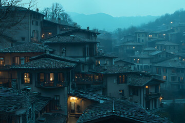 Obraz premium Snowy Hillside Village at Twilight Teal Blue Hues