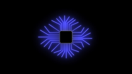 Modern abstract digital illustration of a glowing blue electronic microchip processor with futuristic circuitry on a dark background