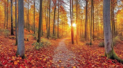 Fototapeta premium Sunlit path through vibrant autumn forest.