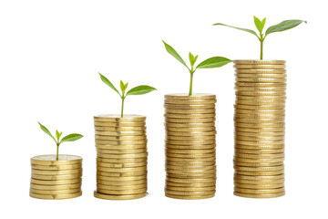 Gold coins stacked progressively taller, each adorned with a growing green plant, representing investment growth, sustainability, and eco-friendly wealth accumulation, On a transparent background