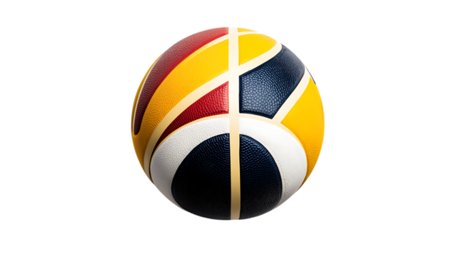 Close up of a colorful basketball with different sections on a transparent background