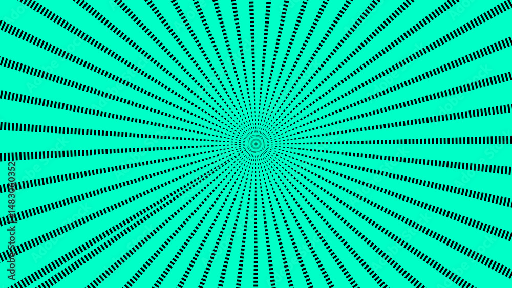 Poster abstract radial burst design with a vibrant turquoise background and repeating black dot-dashed line
