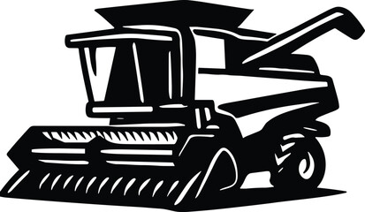 Black and white vector illustration of a combine harvester, showcasing a key piece of agricultural machinery used for harvesting crops efficiently, depicted in a bold, stylized design