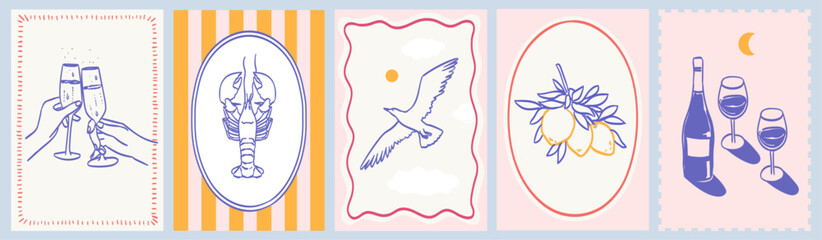 Plakat Italian summer vacation placards, poster or cards with doodle style illustrations. Vector ink sketch hand drawn Italy or Greek coast sea, wine, lobster and lemons print elements for invitation card.