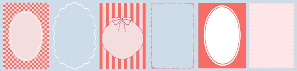 Set of frames with wavy line edges, doodle borders with striped background and curved shapes. Template for invitations, posters, banner, social media decoration and stamp frame.