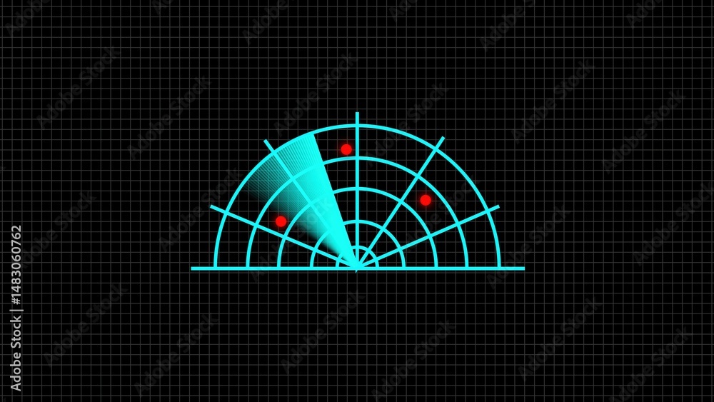 Poster abstract radar screen displaying signals and objects on a black grid background illustrating detecti
