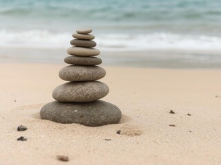 A zen stone stack on a sandy beach with soft waves, Ai Generate.